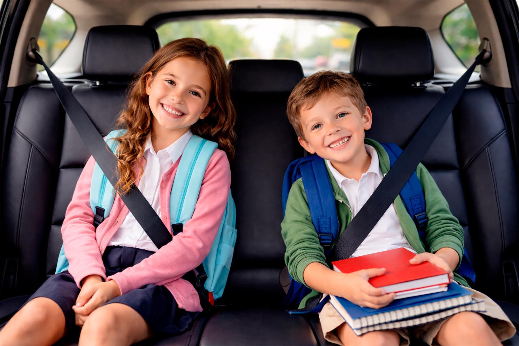 enfants scolaire souriants, dans une voiture noble.